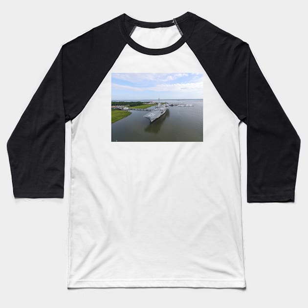 Photo from drone of a side view of the USS Yorktown Baseball T-Shirt by PugDronePhotos